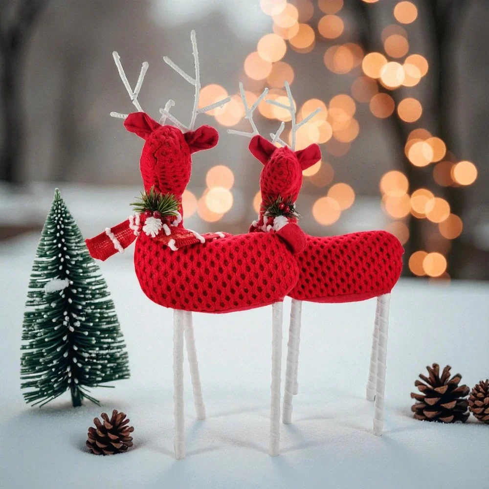 Christmas Holiday Santa's Reindeer, Red Crochet/Scarf, 17 H x 7 L, Set of 2